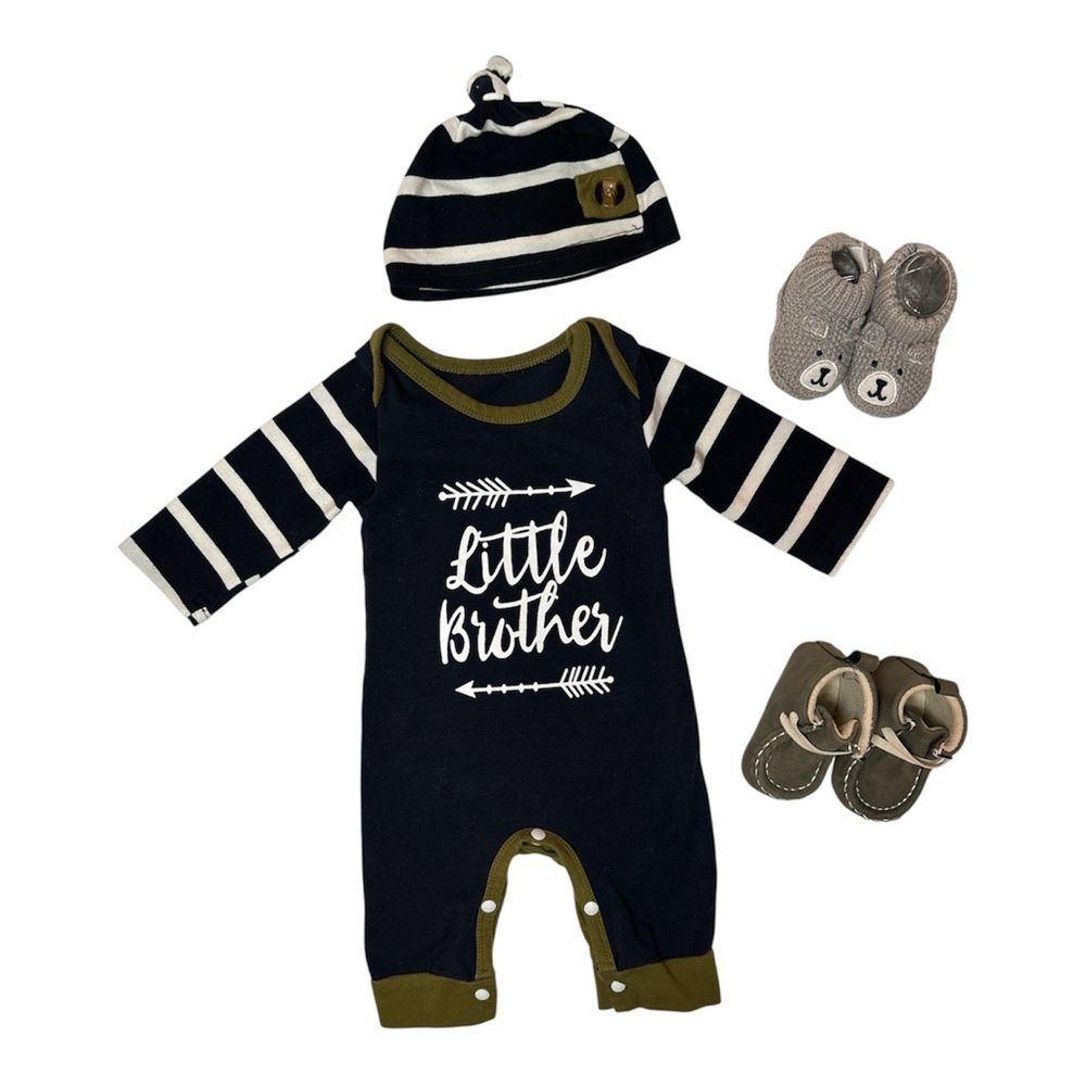 NB Little Brother Baby Outfit 4 Piece Set | Graphic Romper, Hat & Booties